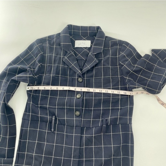 PEARL Lela Rose Navy Blue Checkered Plaid Long Sleeve Collared Minimal Jumpsuit - Picture 5 of 13